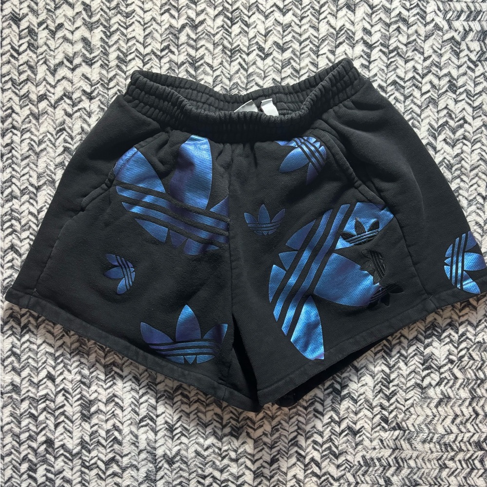 Adidas Black Holographic Shorts with Blue Logos Women’s Small